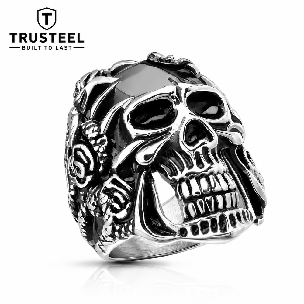 Men’s 316L Stainless Steel Biker Ring Claws Grasping Black Skull Size 12